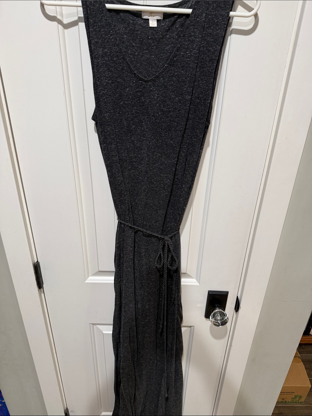 Charcoal Sleeveless Tie-Waist Maxi Dress. Soft heathered fabric. Adjustable tie